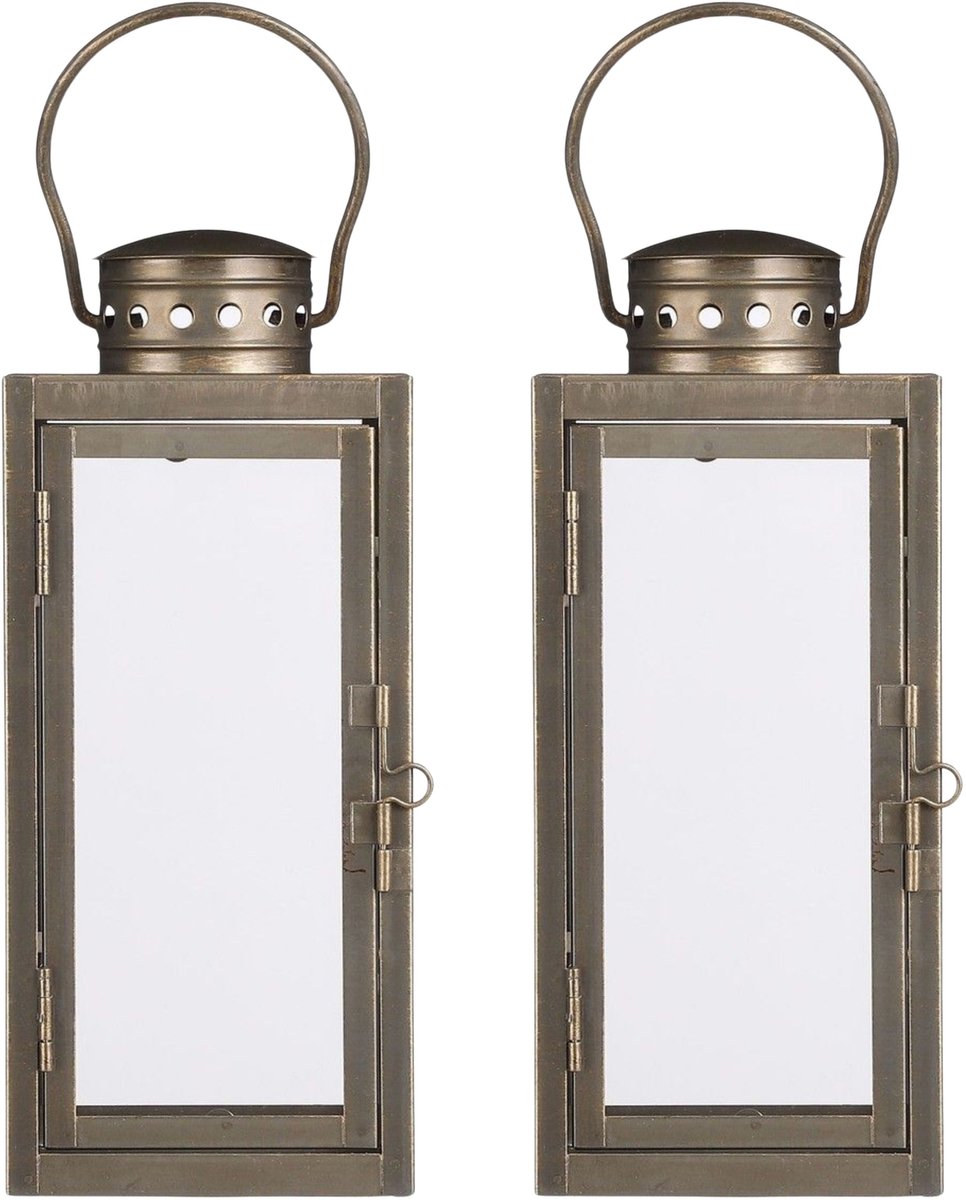 Mica Decorations Lantaarn / windlicht Arzilla - 2x - goud - metaal - verlichting - 13 x 34 cm - voor binnen en buiten Goudkleurig