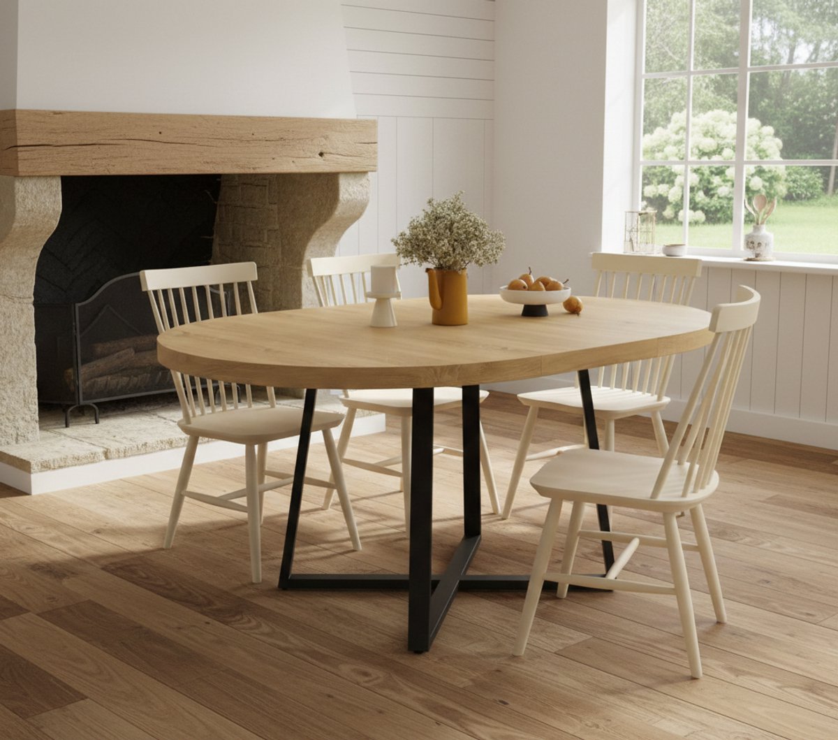 Ronde eettafel Ø120 cm - Rustieke houten tafel met modern X-vormig frame - Geschikt voor 4 tot 6 personen - Ergonomische keukentafel & salontafel - Boerderij & Industrieel Design Casa Serena – 120 ...