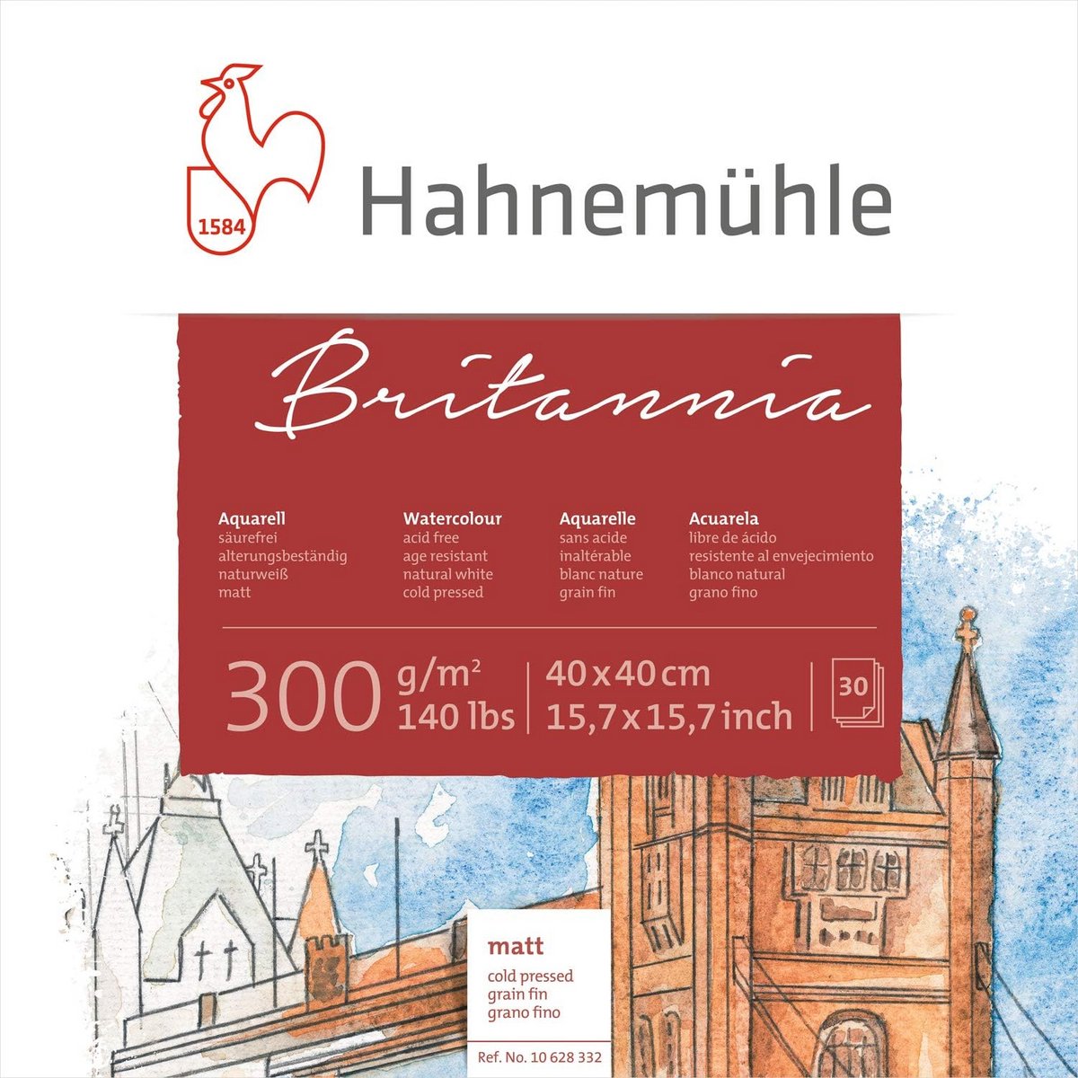 Hahnemühle Britannia Watercolour Block Matte Natural White Watercolour Paper 300 g/m² 30 Sheets 40 x 40 cm