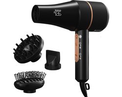 BAESS Föhn met Diffuser - 5 Standen - Ionische Haardroger met Borstel - Retro Haarföhn - Krullen - Hair dryer - Zwart