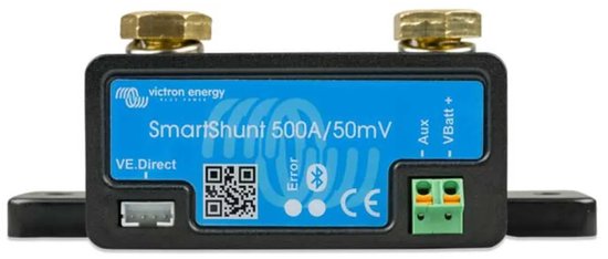 Victron SmartShunt 500A/50mV avec étiquette bleue, code QR, port VE.Direct et connecteur vert.