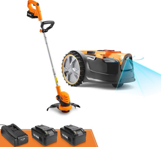 Robotmaaier met trimmer set 200-300m², automatische maaier, draadloos, obstakelvermijding, optische navigatie