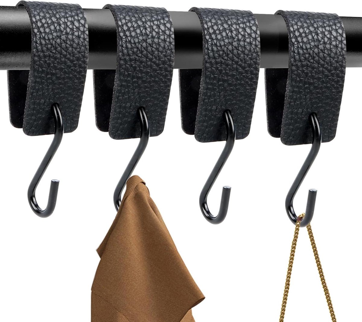 S-haken met lederen lus, 4 stuks kledinghangers voor kledingstang - zwart metaal