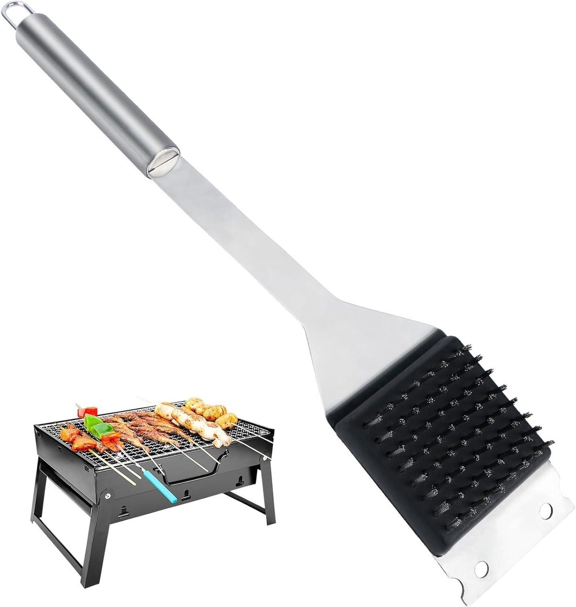 Grillborstel voor gas- en houtskoolgrillen, 34 cm lang, roestvrij staal