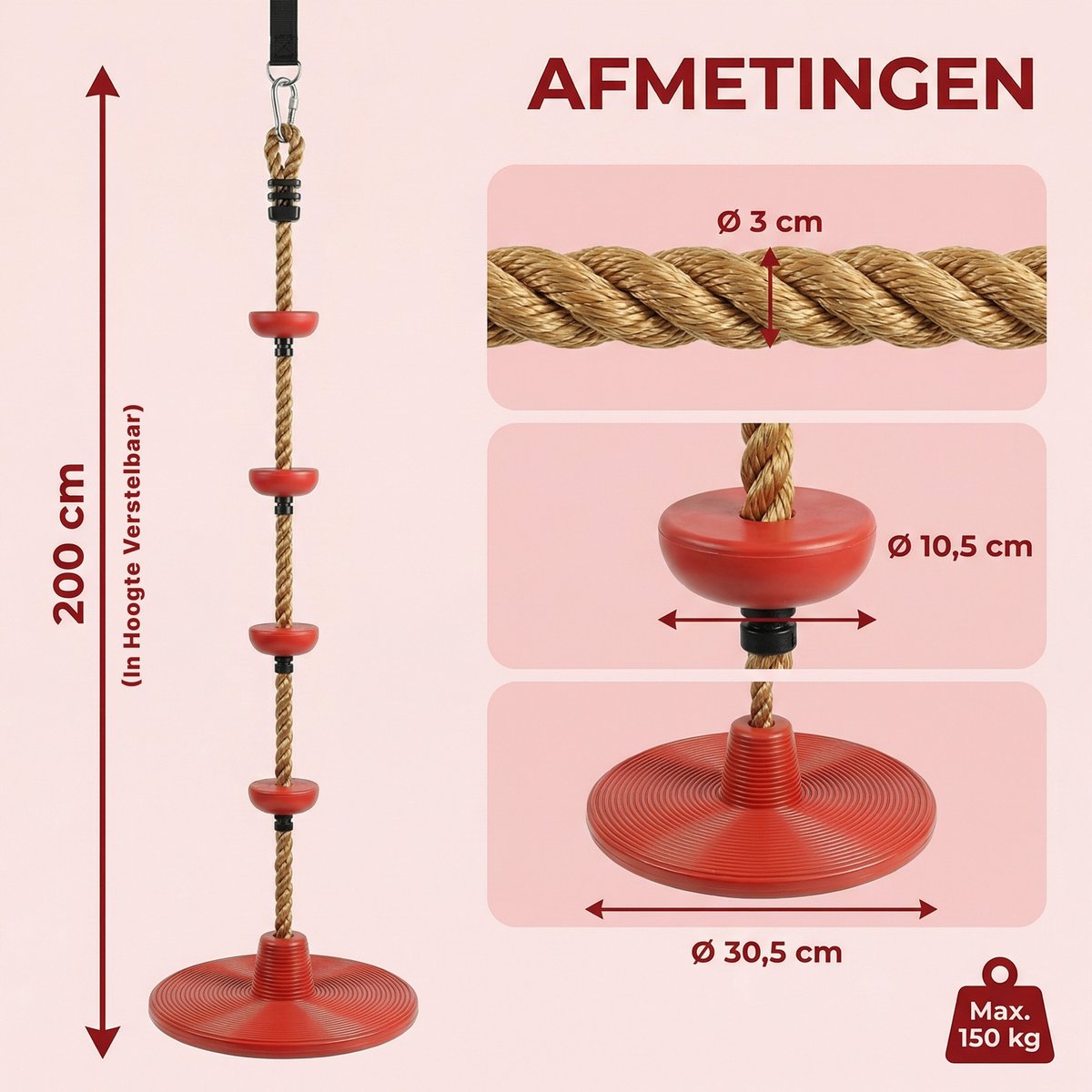 JAXY Schotelschommel - Klimtouw Schommel met Knopen - Kinderschommel Buiten - Buitenspeelgoed - Schommelzitje - Rood — afbeelding 8