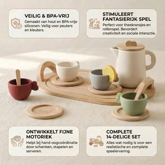 Aolkee Theeset voor peuters, houten theeservies, speelgoed