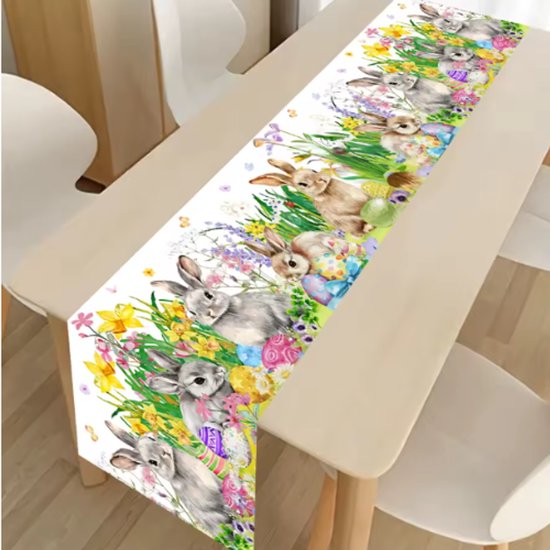 Pasen Tafelloper met Print - Paasprint Tafelloper 35 x 180 cm | Konijntjes - Paasthema | 100% Polyester