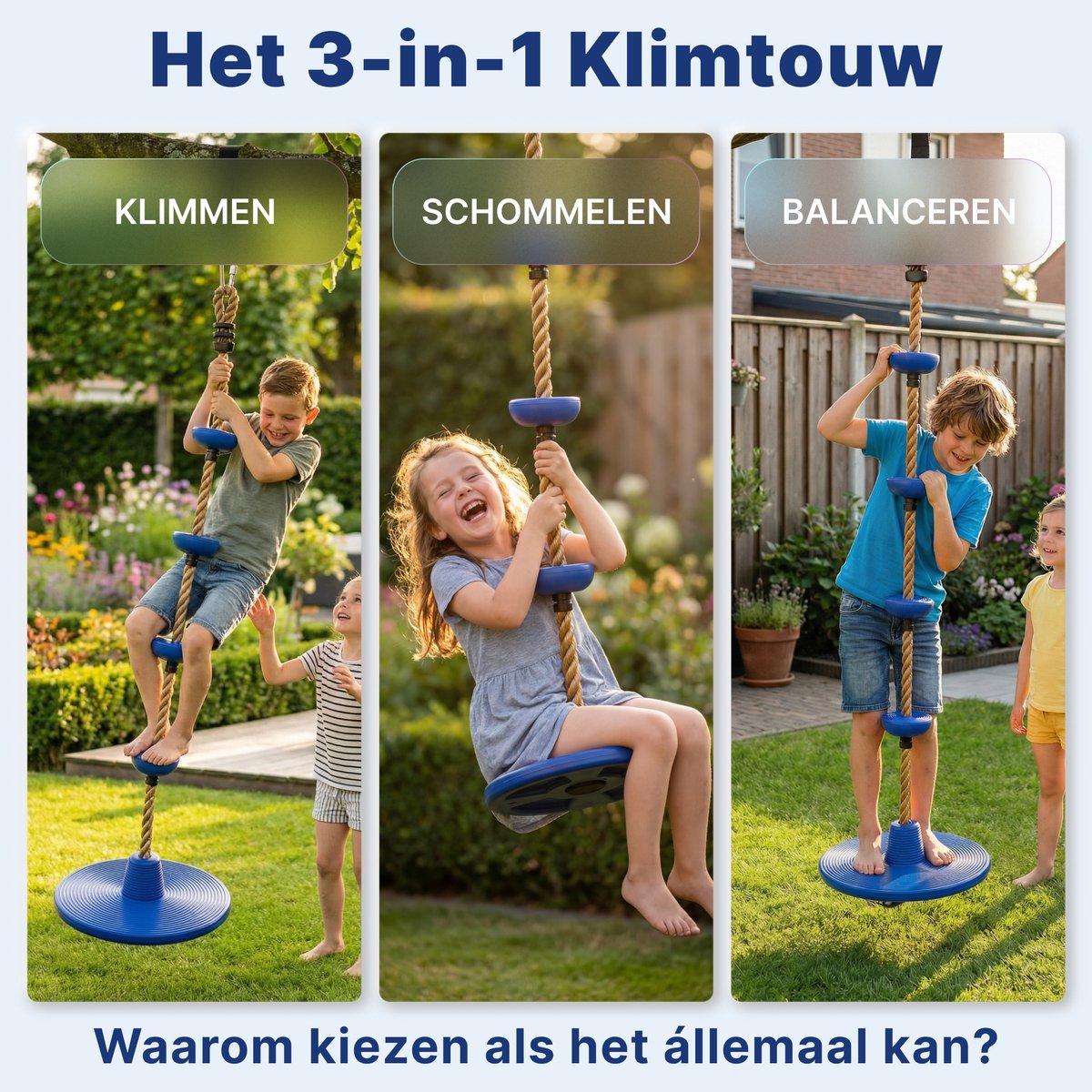 JAXY Schotelschommel - Klimtouw Schommel met Knopen - Kinderschommel Buiten - Buitenspeelgoed - Schommelzitje - Blauw — afbeelding 12
