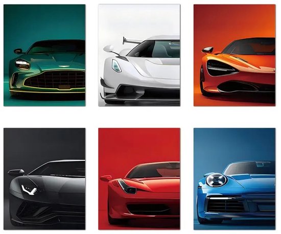 Ensemble d'affiches sur toile de 6 - Affiche automobile - Auto - Aston Martin - Ferrari - Lamborghini - McLaren - Porsche 911 - Supercar - Voiture de sport - Hypercar - 20x25 cm - Carton rigide - Sans cadre - Mancave - Trendy