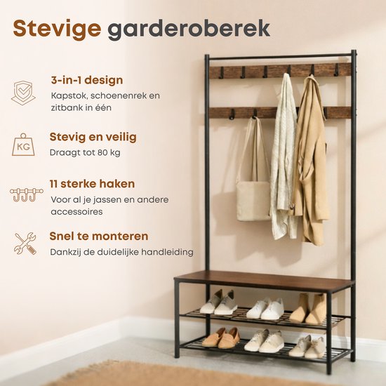 Stevige kapstok met 3-in-1 design, 11 haken, zitbank en schoenenrek. Draagt tot 80 kg.
