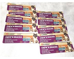 10 x - flamingo kattensnacks CHEW'N SNACKS kip 72.45% zalm 15% - 10 gr = 100 gr - - glutenvrij, geen toegevoegde suiker , graanvrij