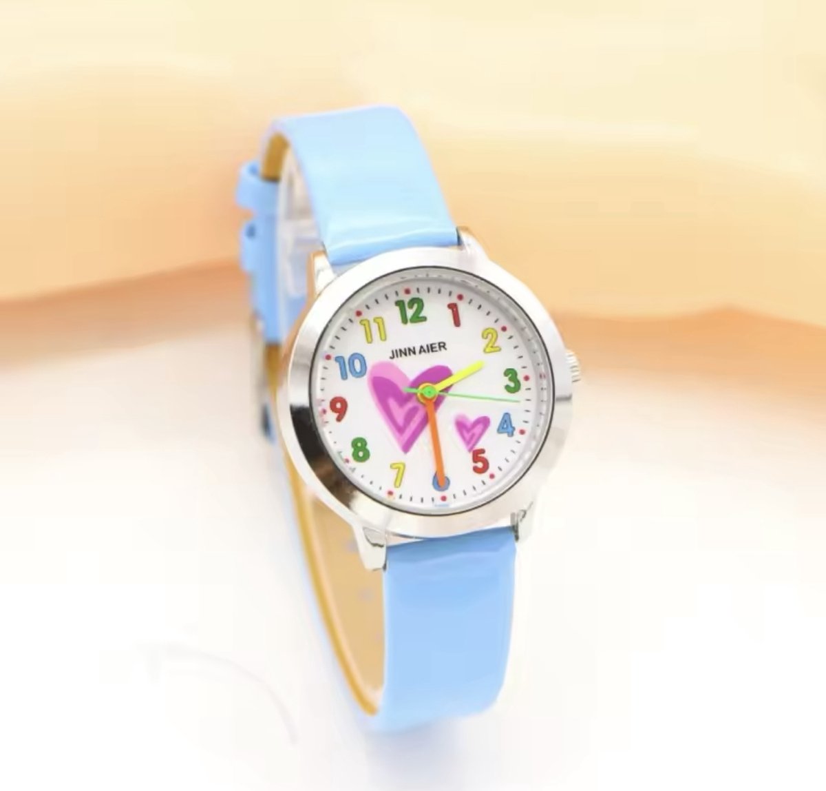 12Getit Meisjes horloge lichtblauw met hartjes afbeelding en leer bandje