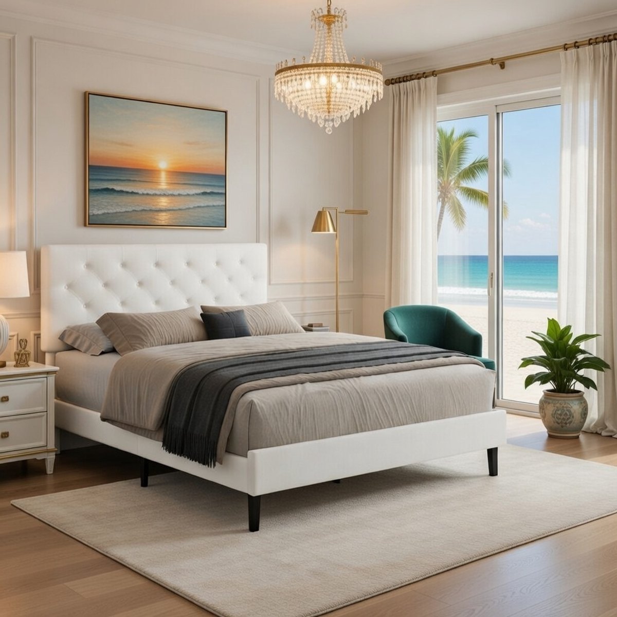 Luxe Gestoffeerd Tweepersoonsbed 140x200 cm met Verstelbaar Hoofdeinde - Modern Bedframe met Stabiele Lattenbodem - Witte Stoffering - Zonder Matras - Geluidsarm & Eenvoudig te Monteren