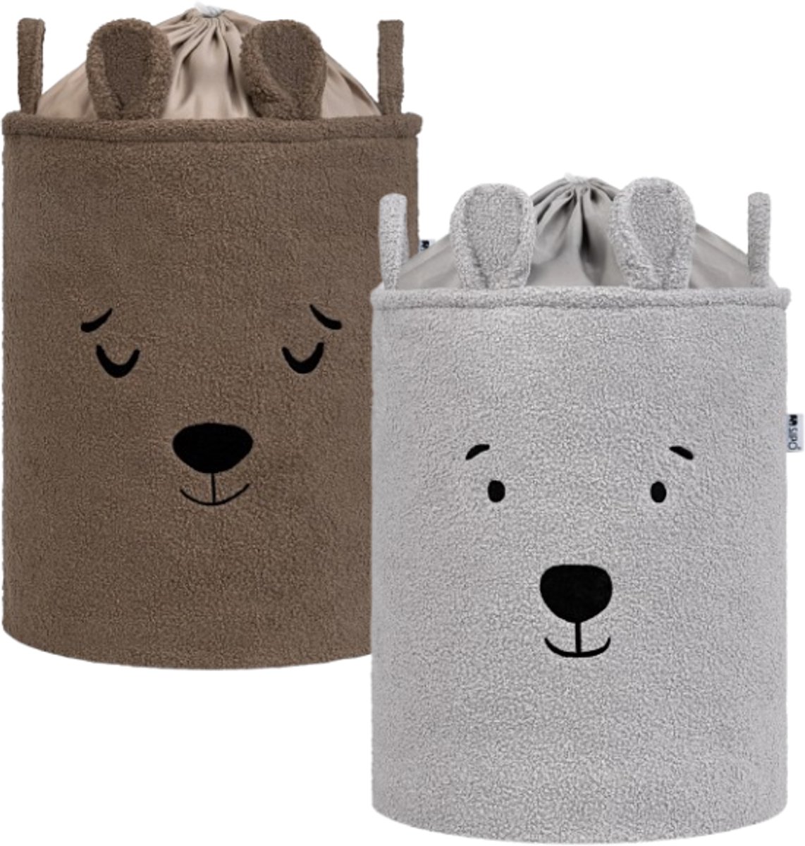 SIPO Speelgoedmand - Premium Bouclé-Editie - Opbergbak - Opbergmand - Met Drawstring Sluiting - Set van 2 - Bruine Beer & Grijze Beer Design - Voor Speelgoed - Kleding - Textiel - XL - 43 Liters - 35 x 35 x 45 cm - Bruin & Grijs
