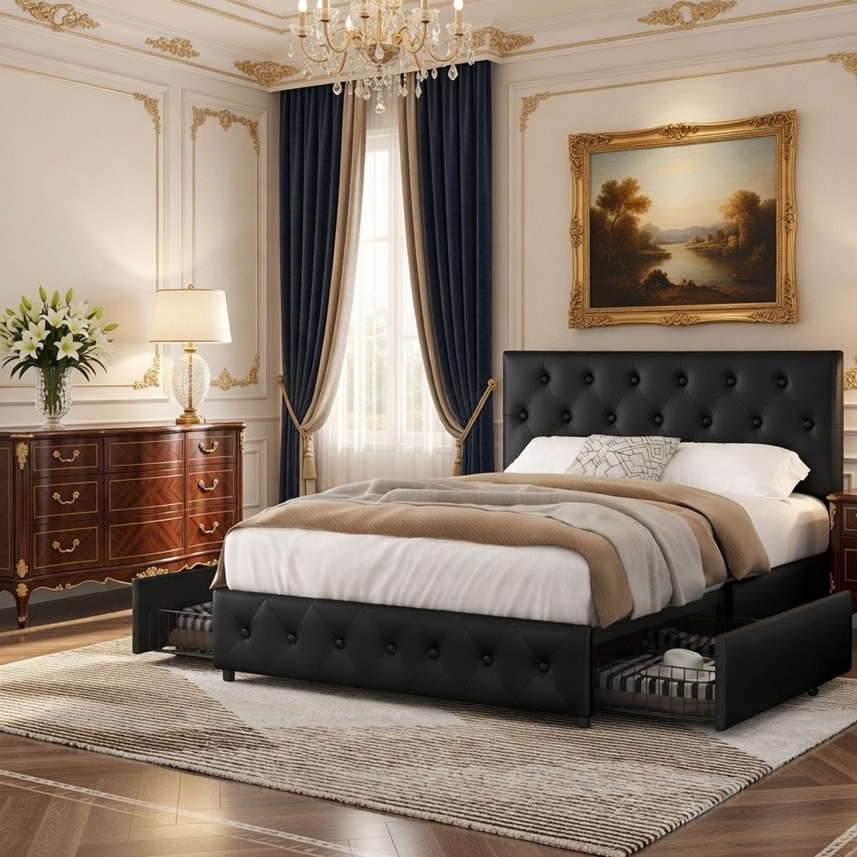 Luxe Opbergbed 140x200 cm met 2 lades in Vertelbaar Hoofdeinde - Zwart Gestoffeerd Tweepersoonsbed met lattenbodem Casa Serena