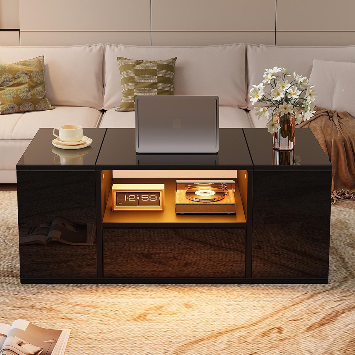 BLACKCOLORS Salontafel (100 x 50 x 40 cm), bijzettafel met een lade, salontafel met twee kasten, glanzende salontafel met led-lichtstrips, salontafel met 6 opbergvakken, zwart