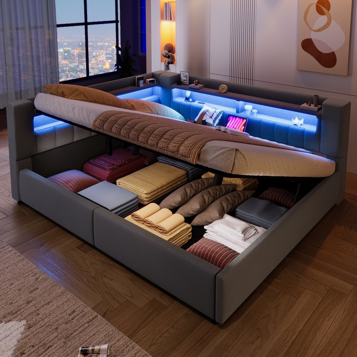 Merax Slaapbank 140 x 200 cm - met opbergruimte - met USB-C oplaadfunctie - LED-verlichting - zonder matras - grijs