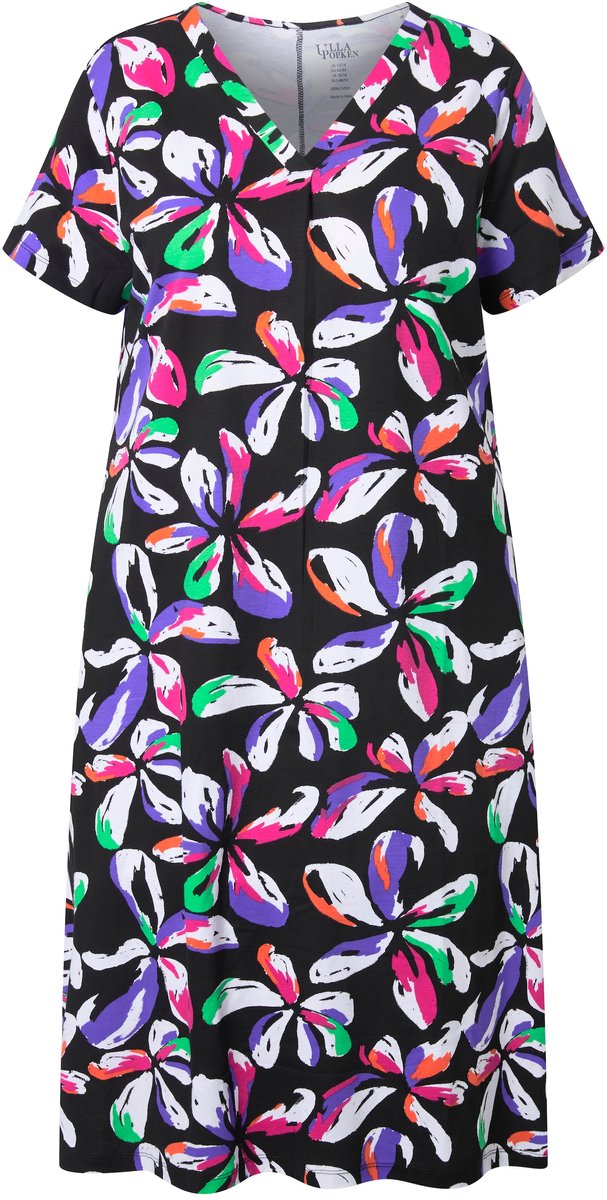 Ulla Popken - Dames - Midi-jurk bloemen A-lijn V-hals korte mouwen zakken - Zwart - Maat 42+