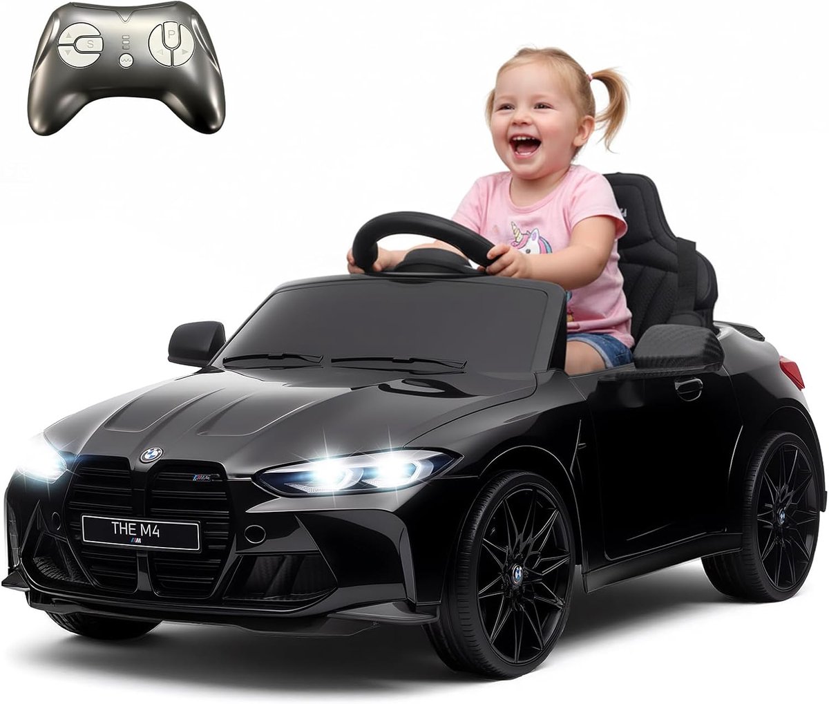 Elektrische Kinderauto BMW M4 Stijl 12V – Met Afstandsbediening, Vering, Stuurbevestiging, LED-Verlichting, Muziek & Softstart – Zwart