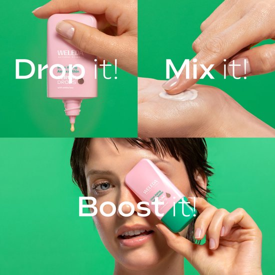 Instructies voor Weleda Serum Drops: druppelen, mengen op de hand en het flesje bij het gezicht.