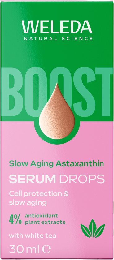 Doosje Weleda Slow Aging Astaxanthin Serum Drops met 4% antioxidant plantextracten en witte thee. Inhoud 30 ml.