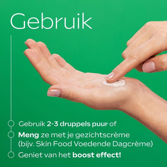 Handen die serum op de andere hand aanbrengen. Tekst "Gebruik 2-3 druppels puur of Meng ze met je gezichtscrème".