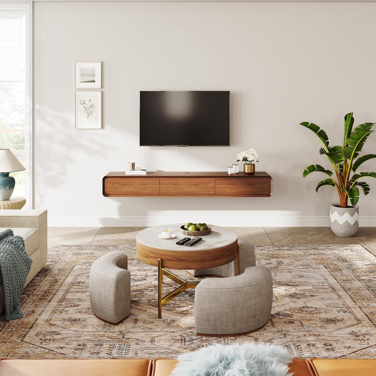 Zwevend TV-meubel 200 cm modern massief walnoothout met 3 laden, opbergruimte en kabelmanagement – stijlvol hangend tv-meubel voor woonkamer – Abkantoor