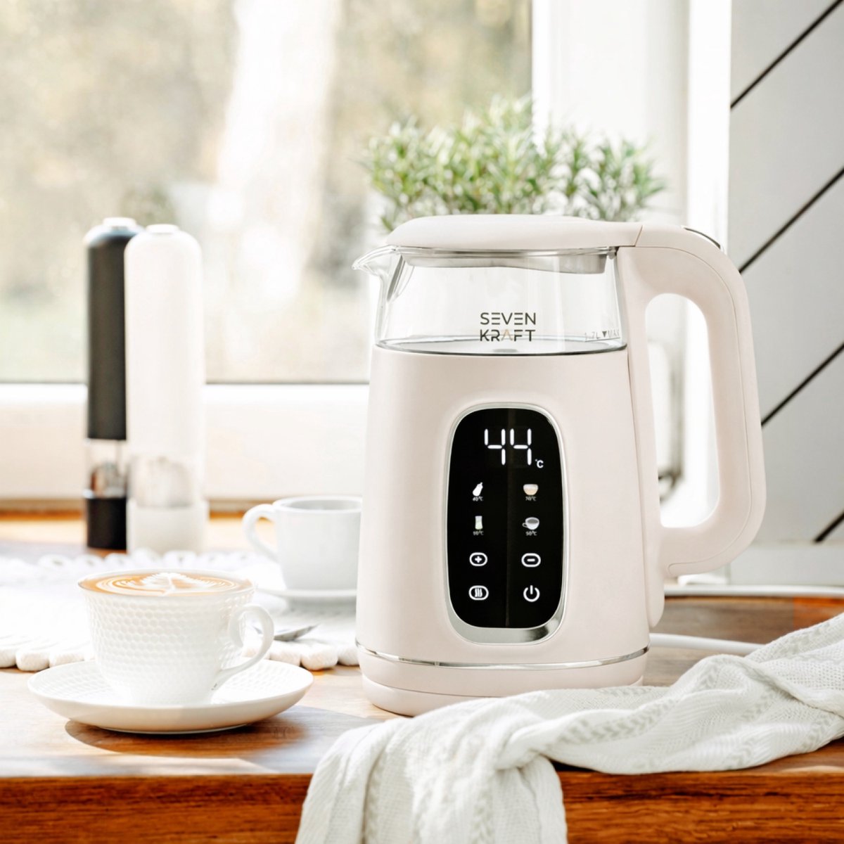 SEVENKRAFT Design Waterkoker 1,7L - Instelbare Temperatuur (40-100°C) - Beige - Waterkoker Retro - Waterkoker met temperatuurregeling- Glas - 2200W — afbeelding 5
