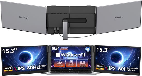 Blackview AceBook 6 Laptop 15,6 inch Full HD - 16 GB RAM - 256 GB + DCM8 15,3" Draagbare Monitor Combinatiepakket, FHD IPS Scherm, 100% sRGB, Dual-band WiFi, Plug & Play, Kantoor Efficiëntie Set (Grijs)