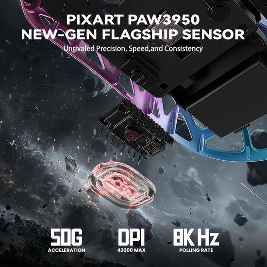 Close-up van de PixArt PAW3950 sensor in een roze en blauwe gaming muis.