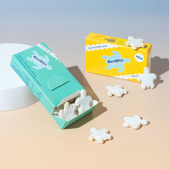 Turquoise BenBits doosje met Bits of Nature logo en schildpad. Er liggen witte, schildpadvormige kaupukjes naast.