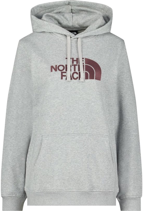 Grijze katoenen hoodie met roodbruin "THE NORTH FACE" logo op de borst en een kangoeroezak.
