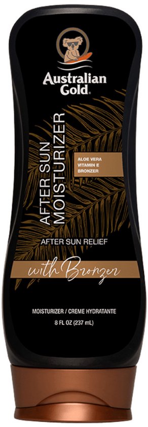 Zwarte fles Australian Gold After Sun Moisturizer met bronzer, gouden dop, witte achtergrond.