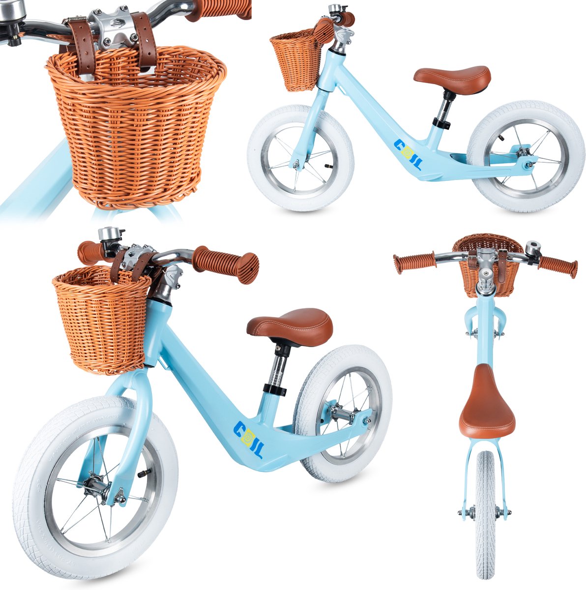 COIL Loopfiets met Rieten Mand – Kinder Loopfiets met Verstelbaar Zadel & Lekvrije Banden – 12 inch wielen - Stijlvol, licht en veilig - Vanaf 2 Jaar - Lichtblauw
