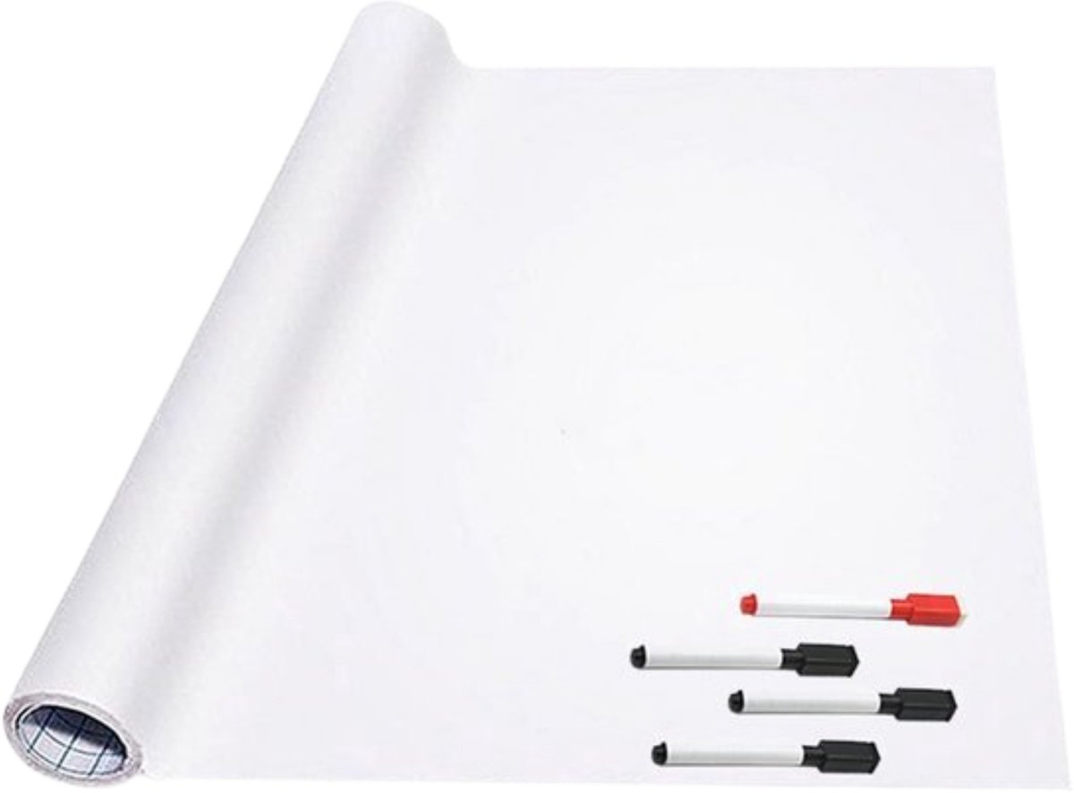 Whiteboard Folie XL Zelfklevend (100 x 90 cm) met 4 Stiften met Wisser - Whiteboard Sticker - Beschrijfbare Muursticker - Whiteboardsticker - Whiteboardfolie - Schoolbord Folie - Memobord Folie