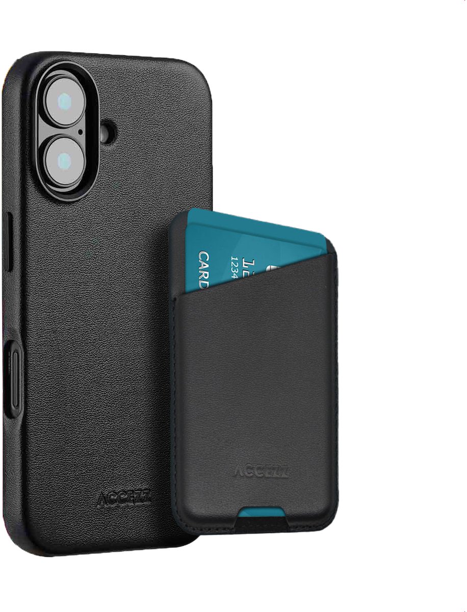 Accezz Echt Leren Hoesje inclusief Magnetische Leren Pashouder - Geschikt voor Apple iPhone 16 - Black