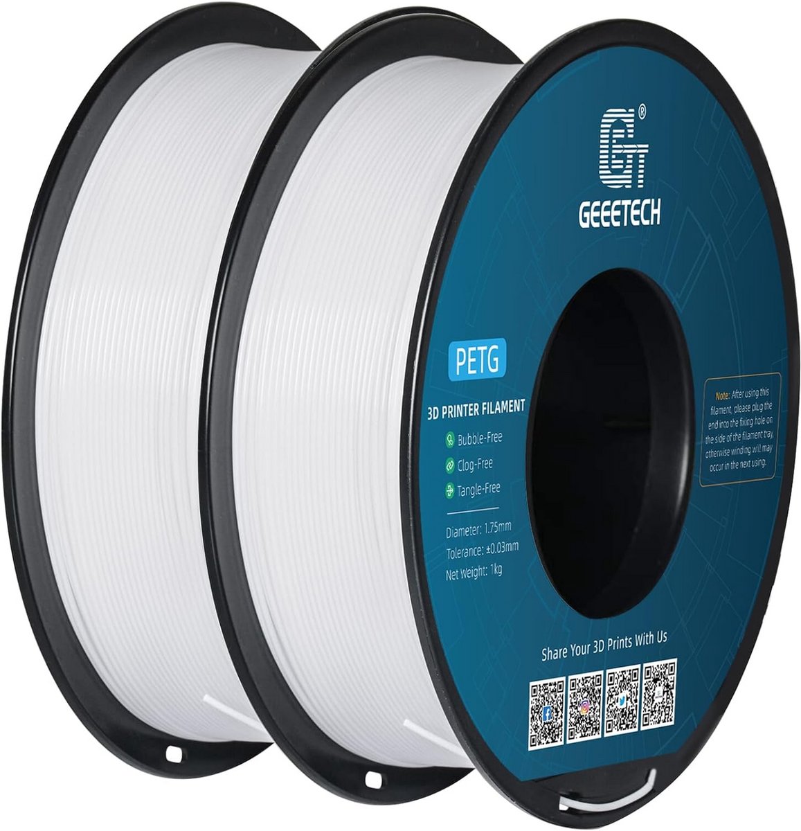 2x PETG Filament 1,75 mm voor 3D-printer, 1 kg spoel, Wit