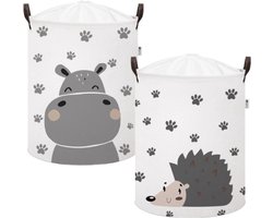 SIPO Speelgoedmand - Opbergbak - Opbergmand - Set van 2 - Hedgehog & Hippo Design - Opvouwbare Katoen Mand - Met Waterdichte Voering - Voor Speelgoed & Kleding - XL - 43 Liters - 35 x 35 x 45 cm - Multicolor