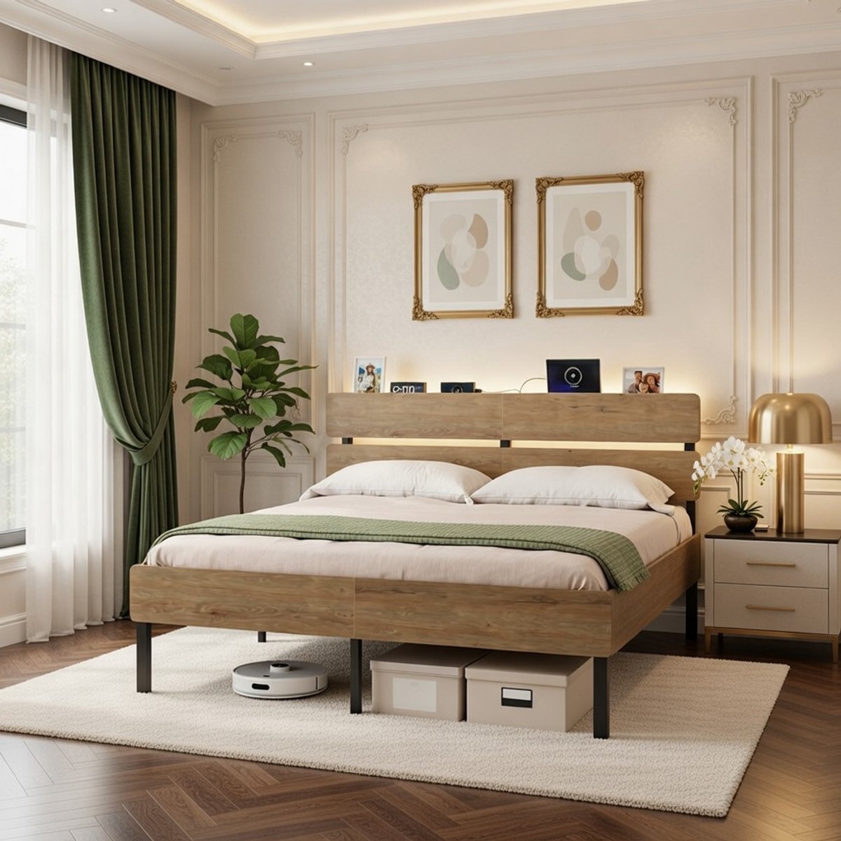 Industrieel Tweepersoonsbed 140x200 cm met LED-verlichting, USB-A & USB-C oplader, Onderbedopslag en Geluidsarm Metalen Frame – Modern Design en Eenvoudige Montage Casa Serena