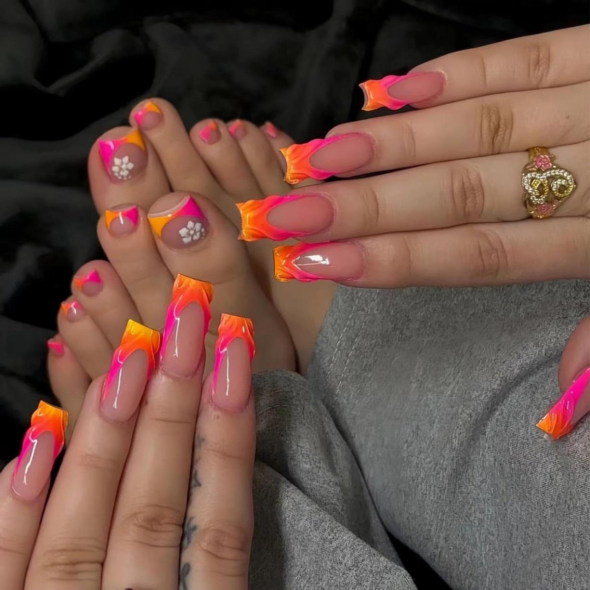 Gradient Oranje Roze Ombre Kunstnagels - Set van 48 Stuks voor Teennagels
