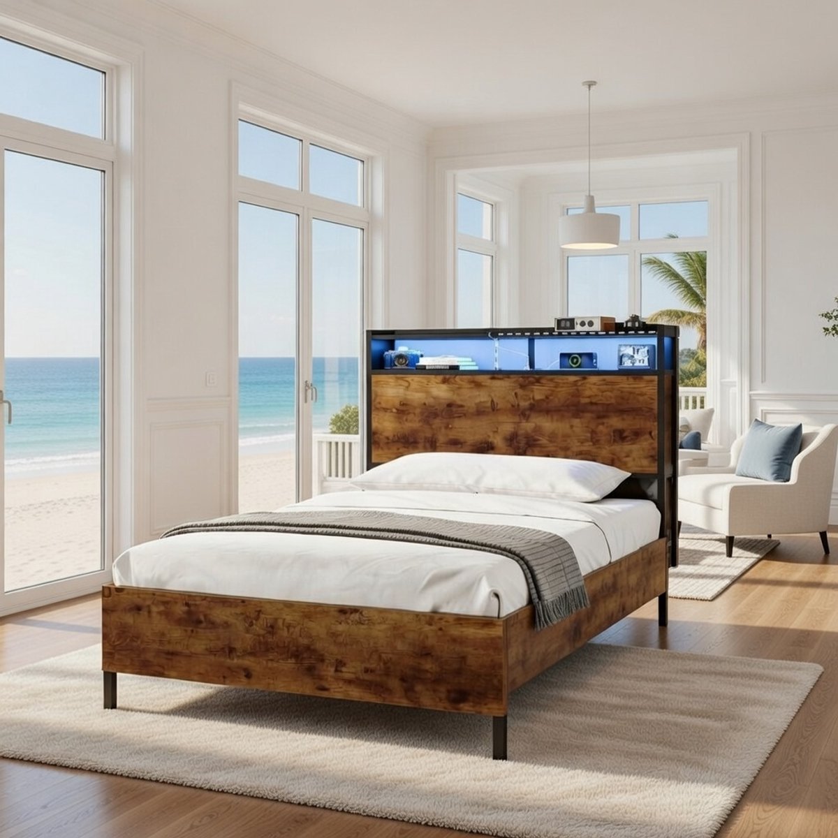 Modern Metaal Gepersonaliseerde Bed 90x200 cm met LED verlichting, Opbergruimte, USB & Stopcontact – Industrieel Houten Hoofdeinde – Lattenbodem & Geluidsarm Bedframe voor Tieners en Volwassenen Ca...