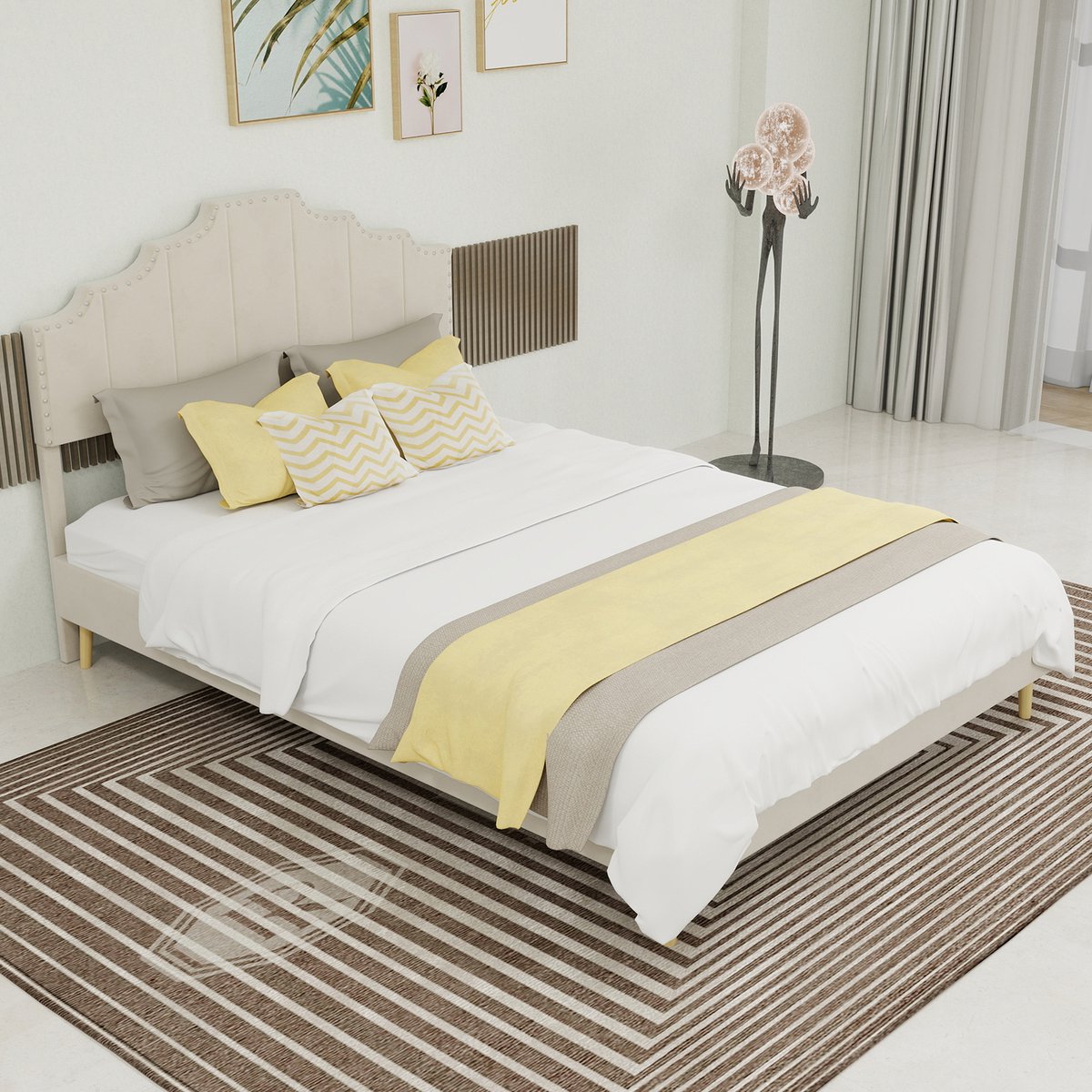 HAUSS SPOLE Gestoffeerd Bed 140x200cm - Met Geometrisch Hoofdbord Met Siernagels - Stevig Lattenbodemframe - Zonder Matras - Stof Metaal - Beige
