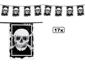 17x Vlaggenlijn rechthoek Skull 600cm - Piraat vlaggen piraten vlaglijn Pirates doodshoofd