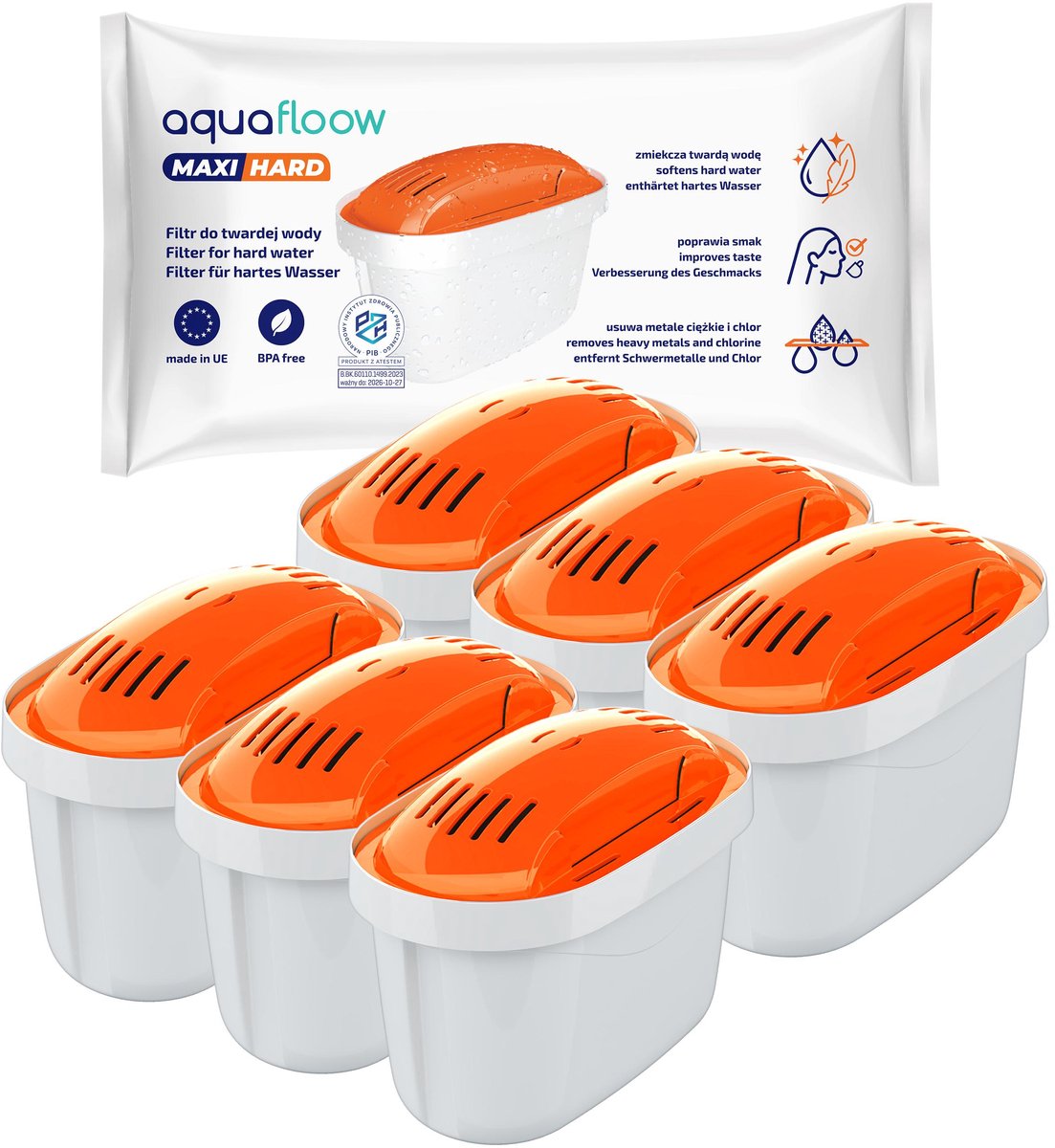 AquaFloow 6x Waterfilter Maxi Hard - Vervangt voor Brita Waterkannen – Verwijdert Kalk, Chlor en Zware Metalen