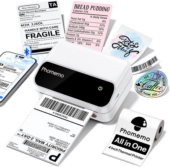 Phomemo M420 labelprinter met zwarte en witte behuizing, print een verzendlabel. Telefoon met app zichtbaar.