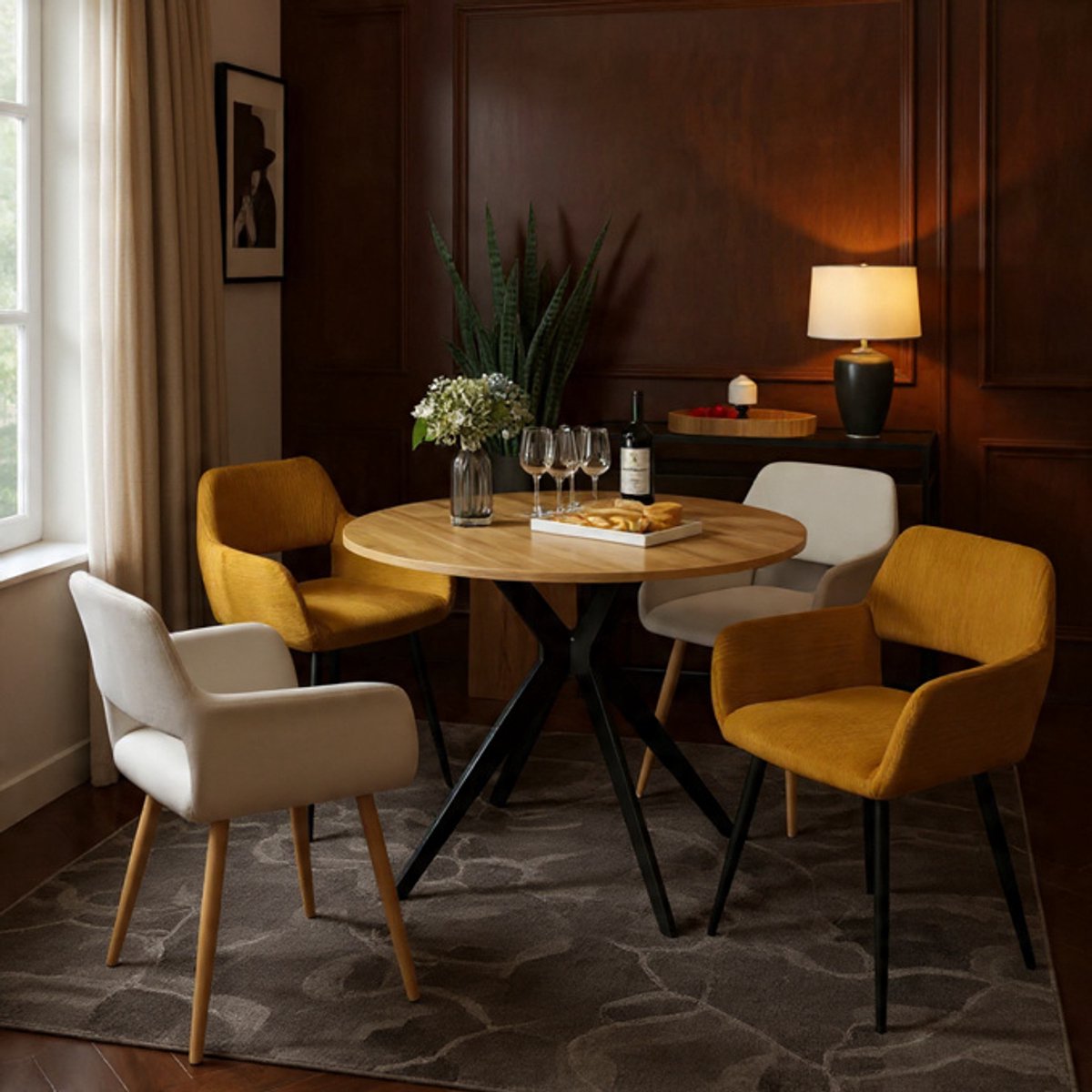 Ronde Eettafel Cosy Oak 100 cm - 4 personen - Eikenlook Tafelblad - Zwart Onderstel - Comp