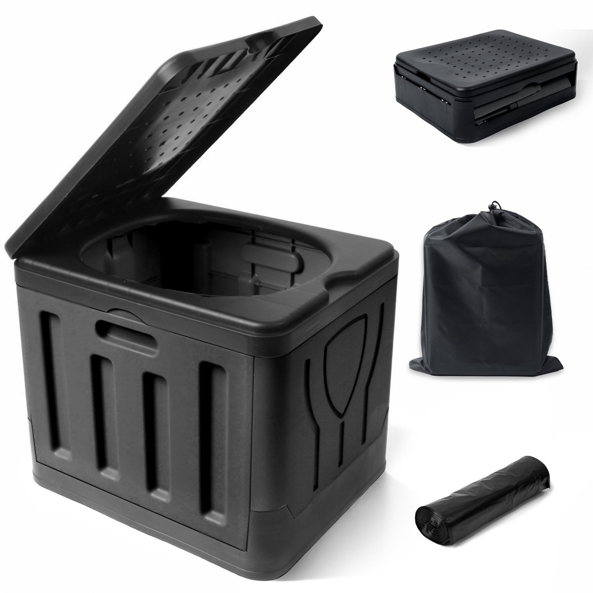 Soontrans - Draagbaar Toilet - Camping Toilet met Deksel - Toiletemmer Rechthoekig - Campingtoilet Ideaal voor Kamperen, Festivals & Outdoor - Zwart