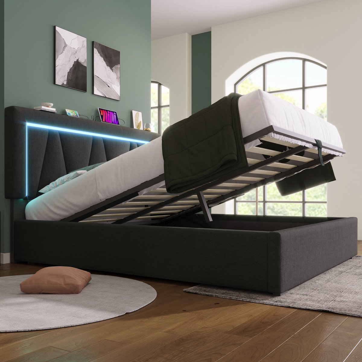 HAUSS SPOLE Gestoffeerd Bed 140x200 cm - Verstelbaar Hoofdeinde - Met USB- en Type-C Oplaadpunt en LED-Verlichting - Linnen - Grijs - Zonder matras