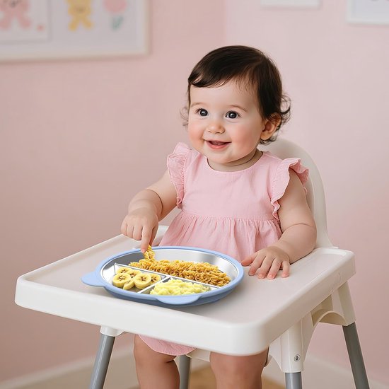 Kinderbord met Zuignap - Verdeeld bord - 2 stuks - Antislip - RVS Babybord - Onbreekbaar - Dinerbord - rond - BPA vrij — afbeelding 2
