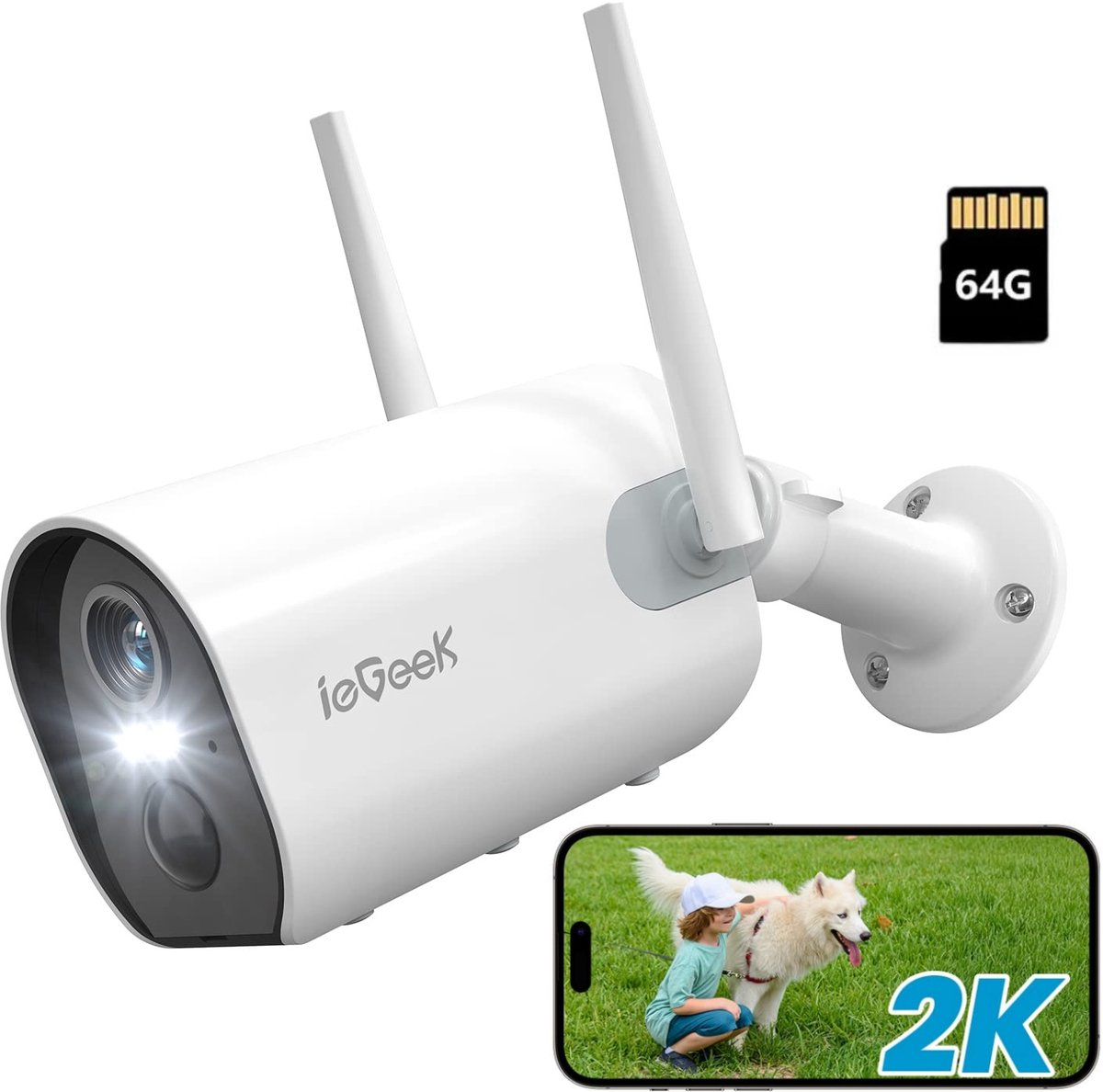 ieGeek Bewakingscamera Voor Buiten – 2K HD 3MP - Incl. 64GB SD - Buiten Camera Met Nachtzicht – Buitencamera - Beveiligingscamera Buiten - Met WiFi en APP